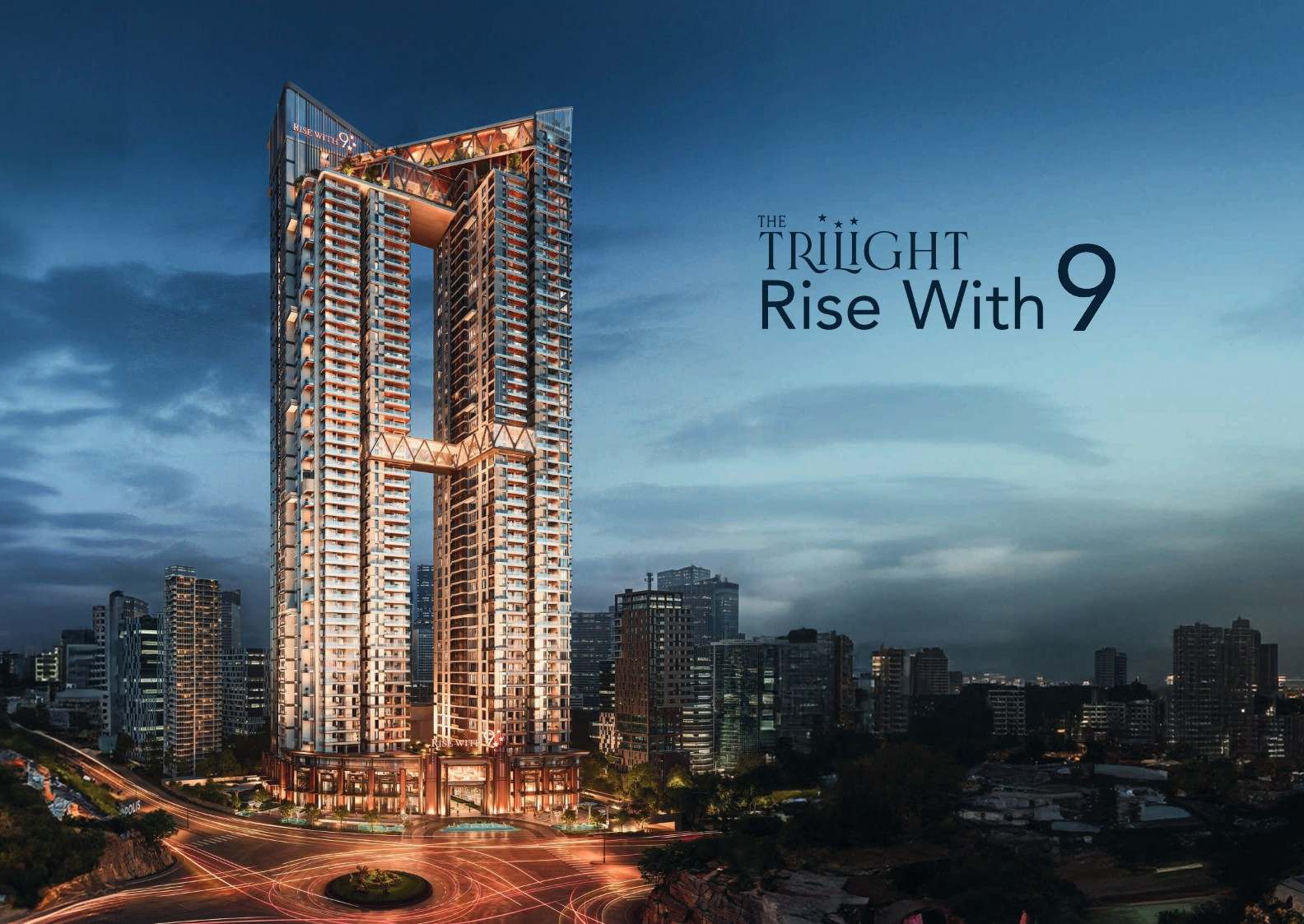 The Trilight Residences twin towers at dusk, illuminated sky-bridges above the Hyderabad skyline
