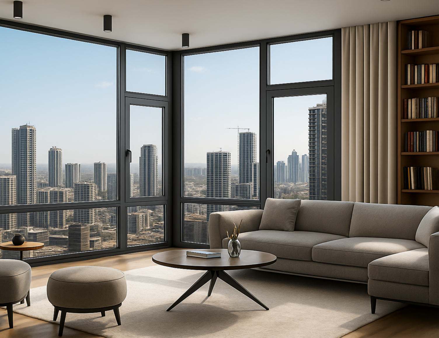 Double-height living room with panoramic city views, neutral sofas and built-in library