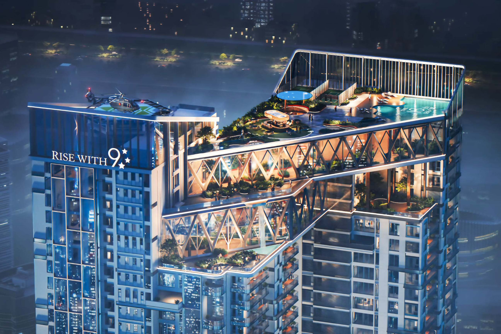 Rooftop sky-bridge with infinity pool, helipad and city lights at dusk